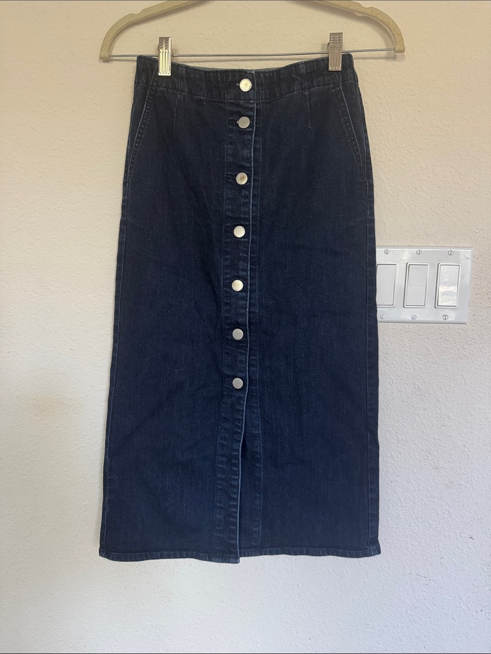 Button-Front Dark Blue Denim Midi Skirt